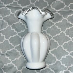 Vintage Fenton milk glass 6” melon shaped Silver crest vase